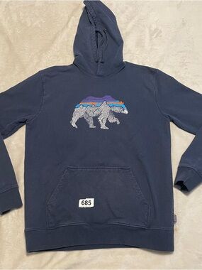Patagonia Navy Hoodie with Multicolor Mountain Bear Patch